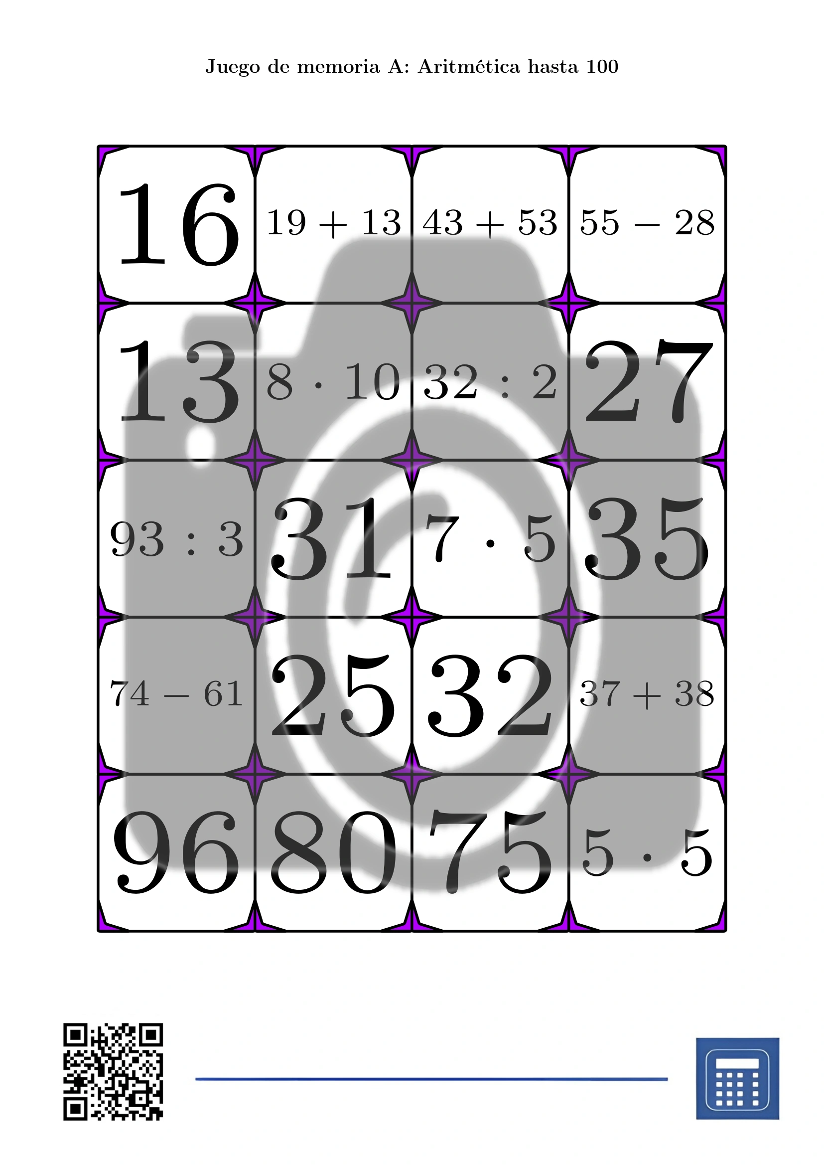 Juego de memoria: Aritmética hasta 100 - Imagen 2