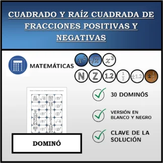Dominó: Cuadrado y raíz cuadrada de fracciones positivas y negativas