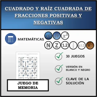 Juego de memoria: Cuadrado y raíz cuadrada de fracciones positivas y negativas