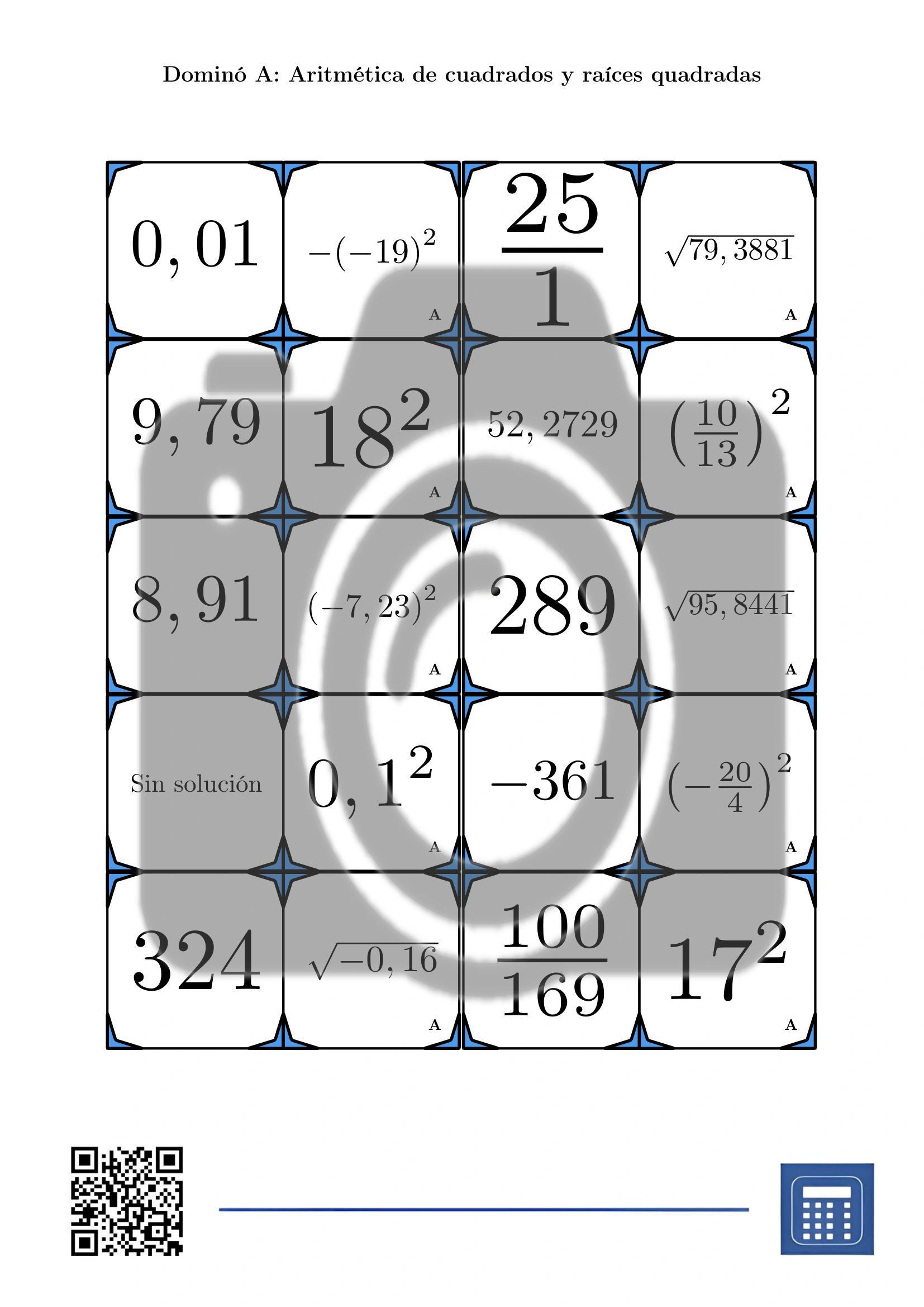 Dominó: Aritmética de cuadrados y raíces quadradas - Imagen 2