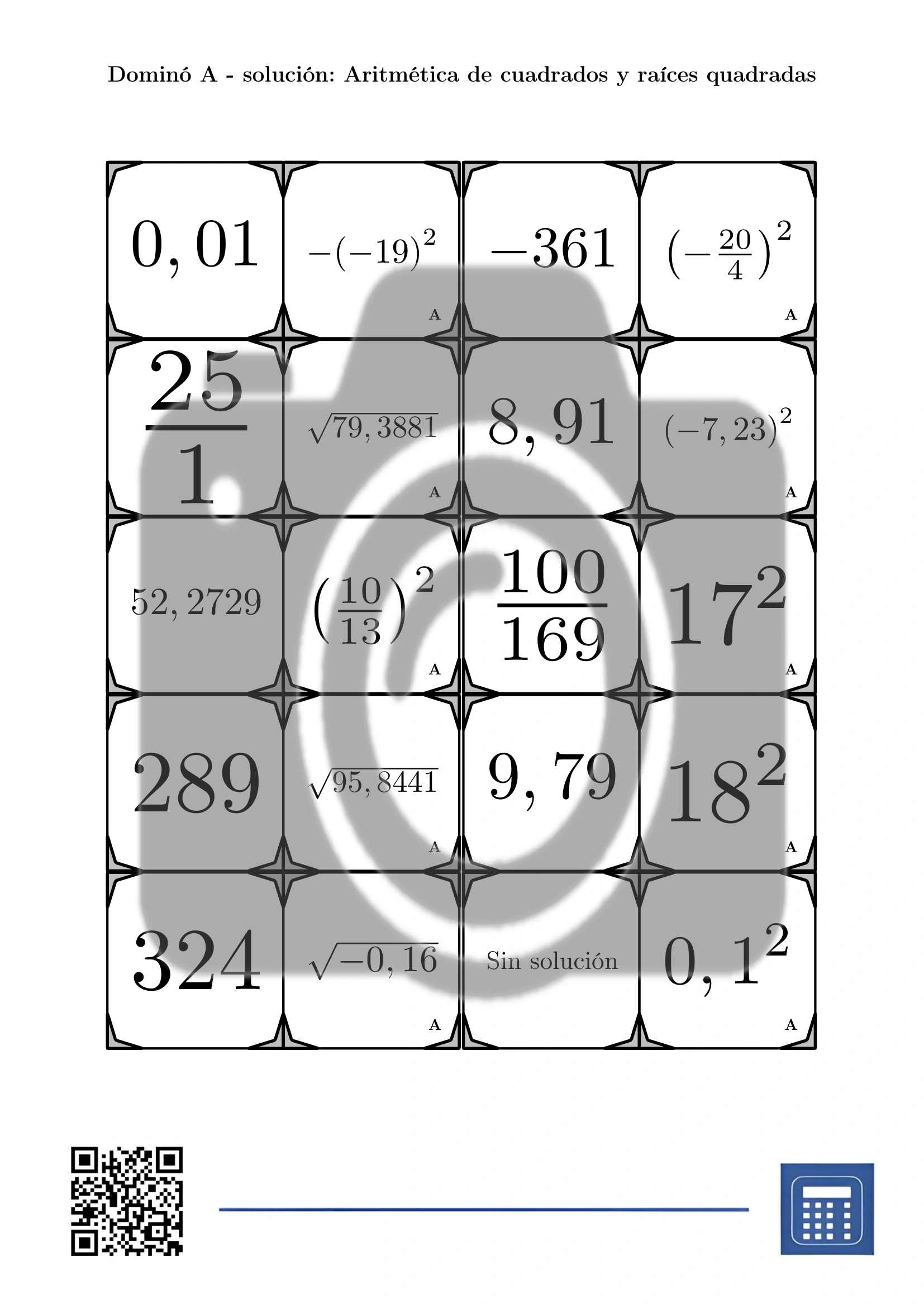 Dominó: Aritmética de cuadrados y raíces quadradas - Imagen 4