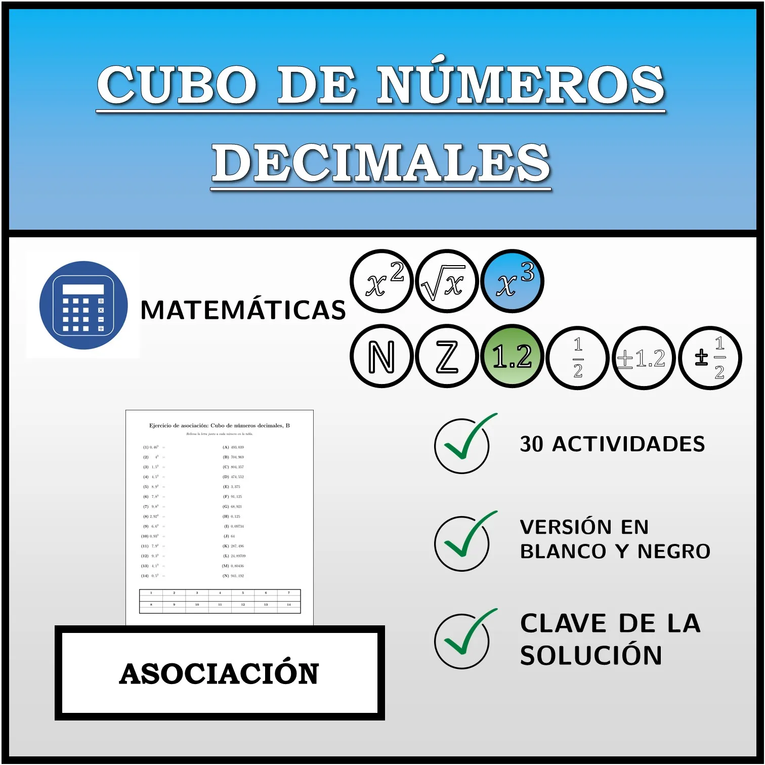 Ejercicio de asociación: Cubo de números decimales