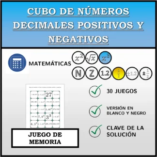 Juego de memoria: Cubo de números decimales positivos y negativos