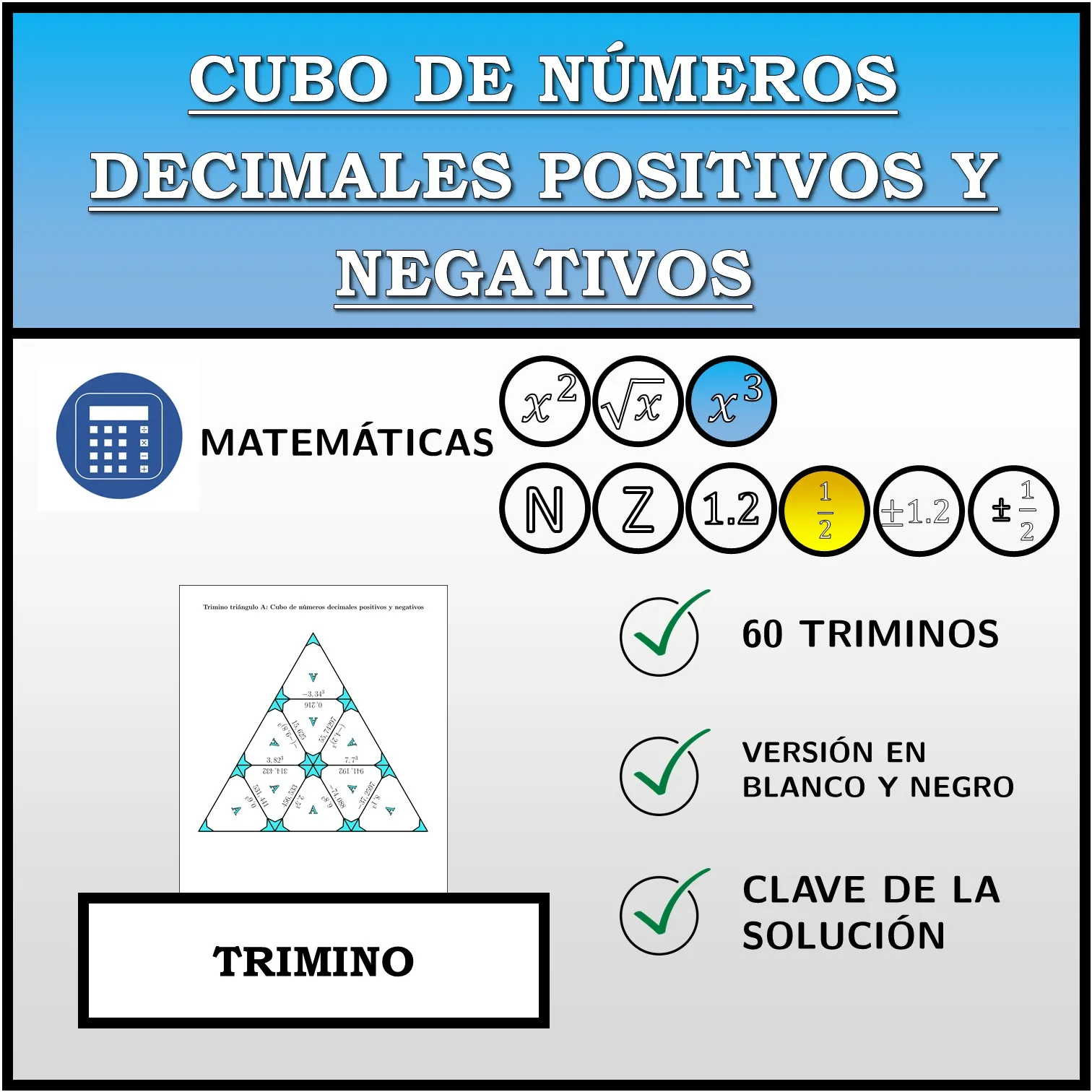 Trimino: Cubo de números decimales positivos y negativos