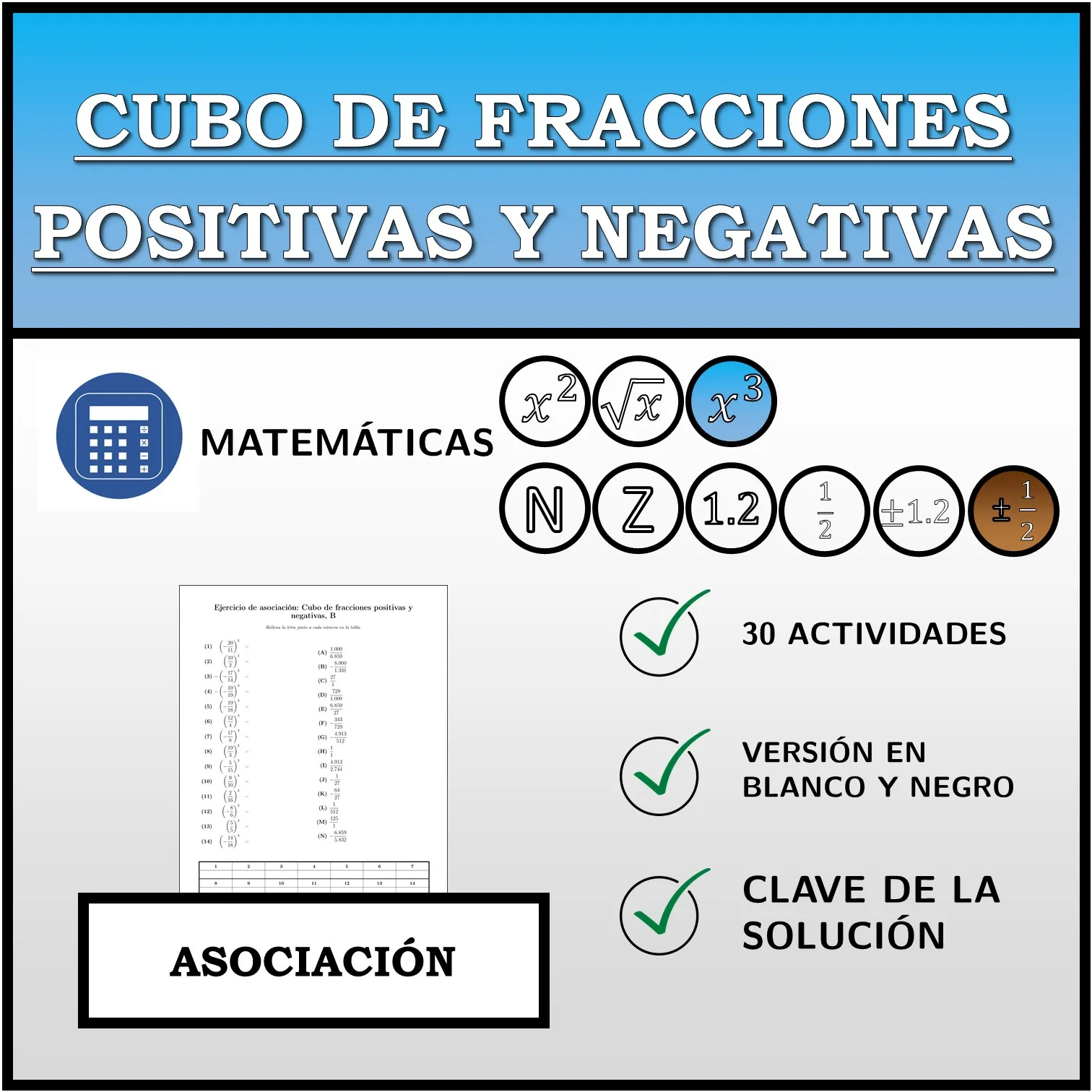 Ejercicio de asociación: Cubo de fracciones positivas y negativas