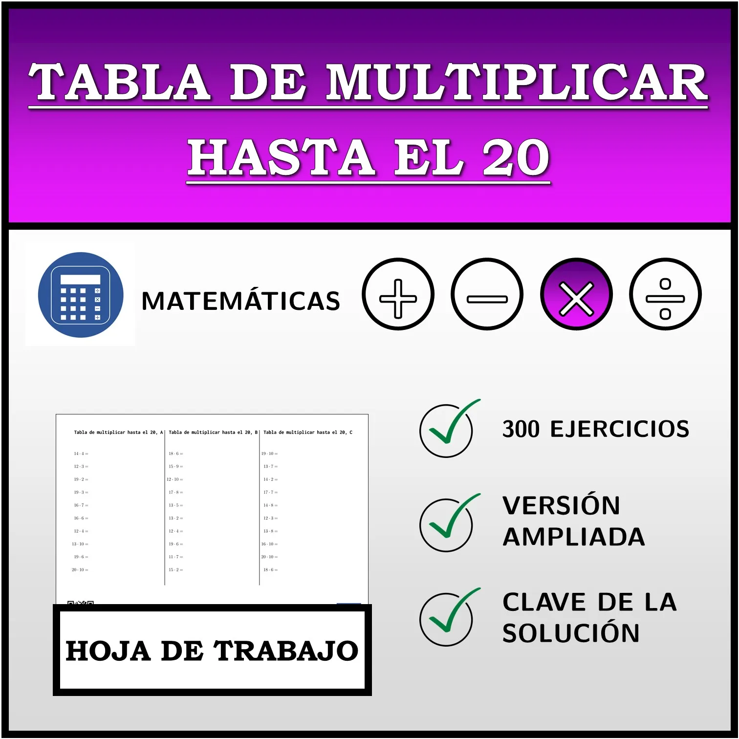 Hoja de trabajo: Tabla de multiplicar hasta el 20