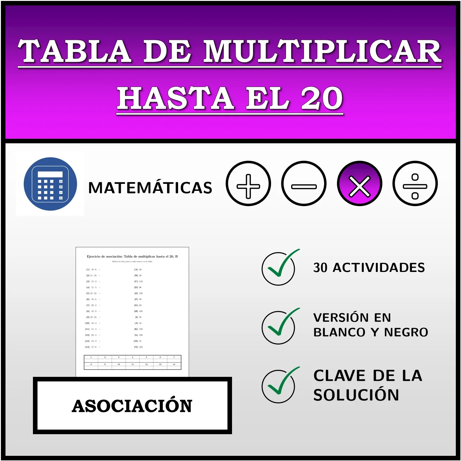 Ejercicio de asociación: Tabla de multiplicar hasta el 20