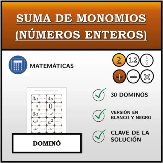Dominó: Suma de monomios (números enteros)