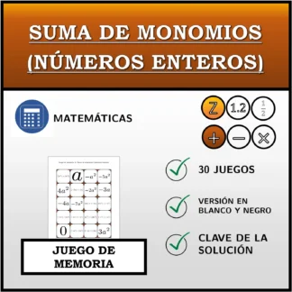 Juego de memoria: Suma de monomios (números enteros)