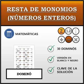 Dominó: Resta de monomios (números enteros)