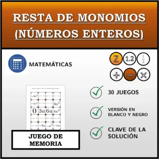 Juego de memoria: Resta de monomios (números enteros)