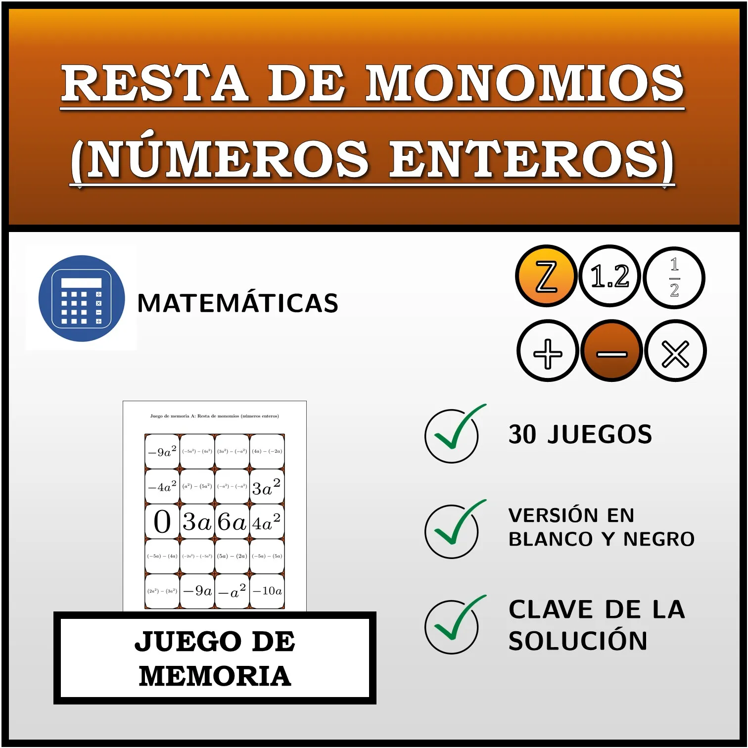 Juego de memoria: Resta de monomios (números enteros)