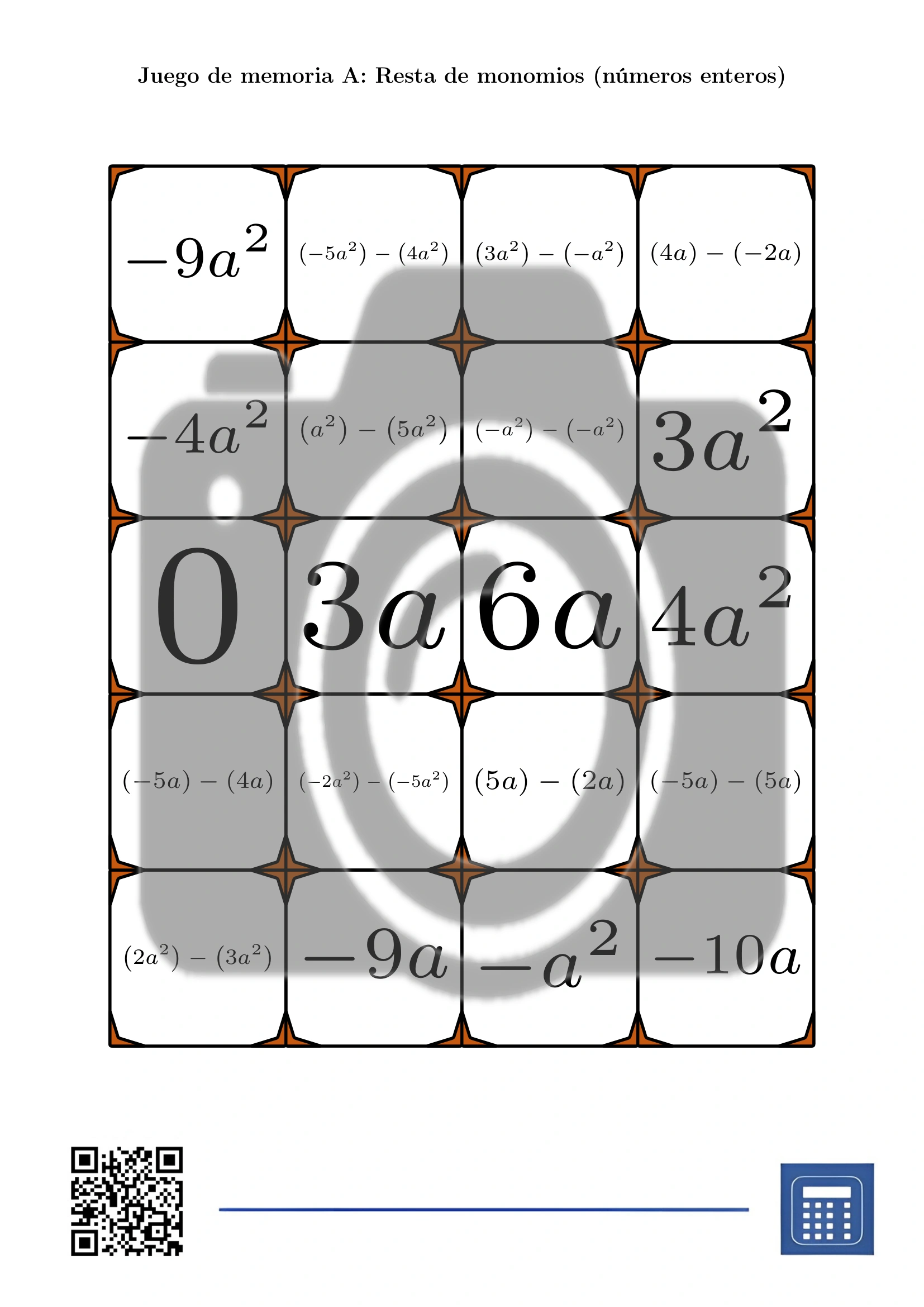 Juego de memoria: Resta de monomios (números enteros) - Imagen 2