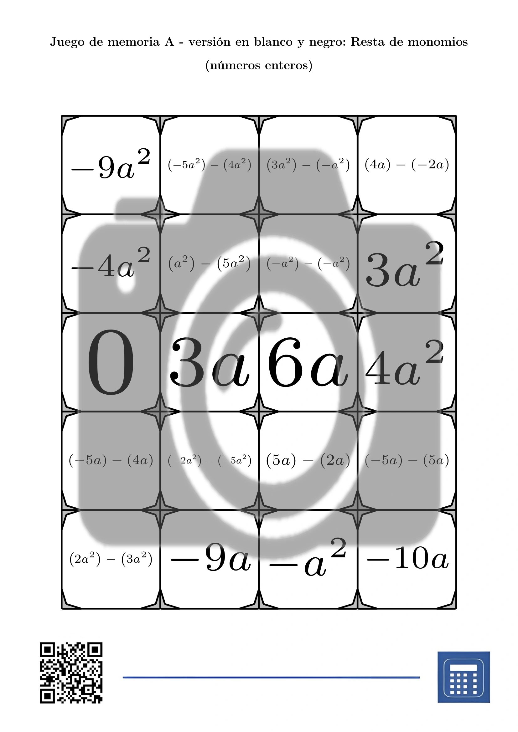Juego de memoria: Resta de monomios (números enteros) - Imagen 3