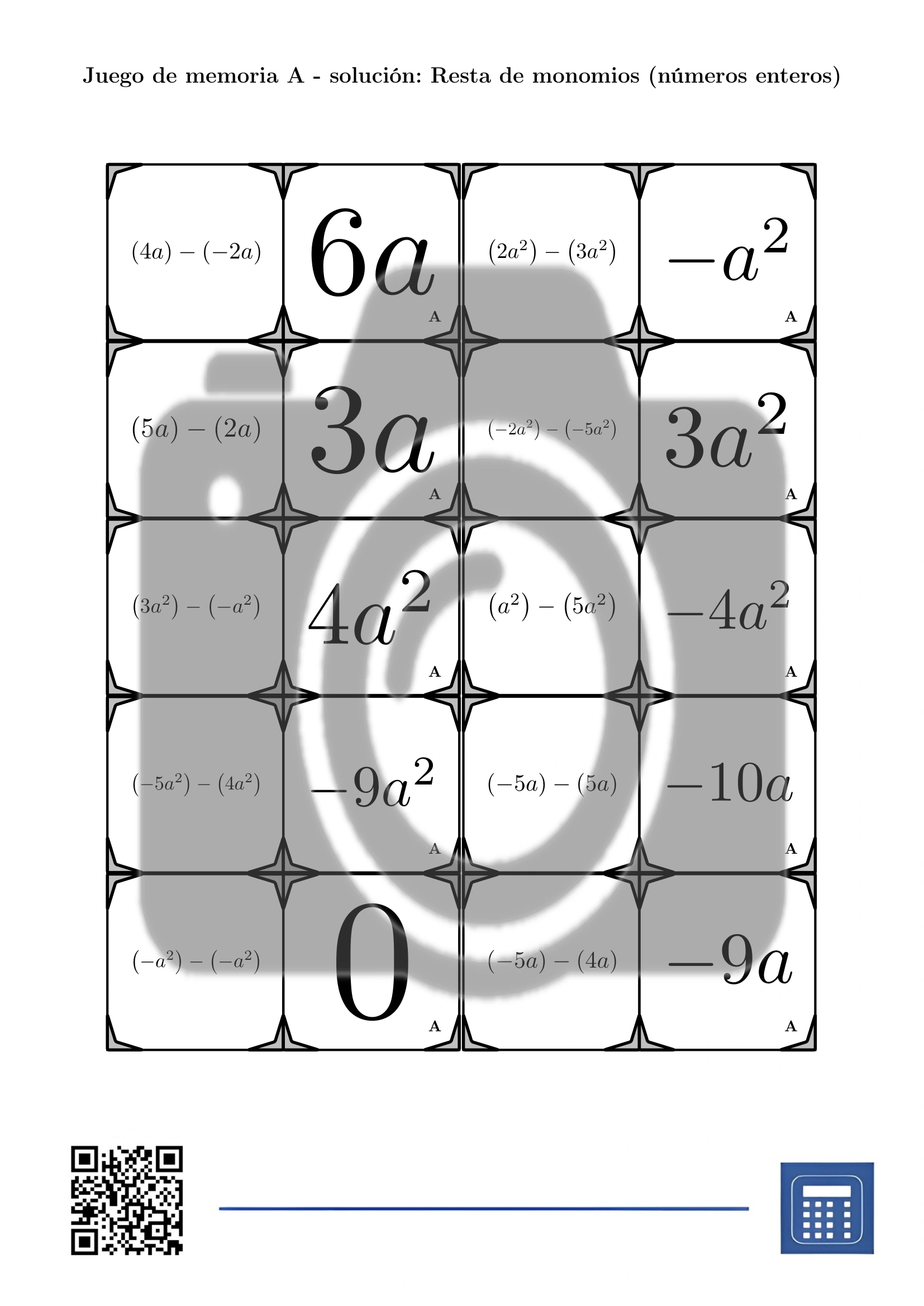Juego de memoria: Resta de monomios (números enteros) - Imagen 4