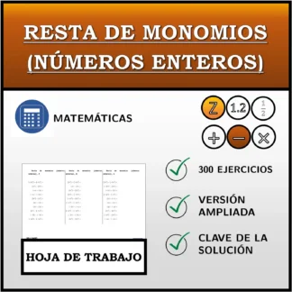Hoja de trabajo: Resta de monomios (números enteros)
