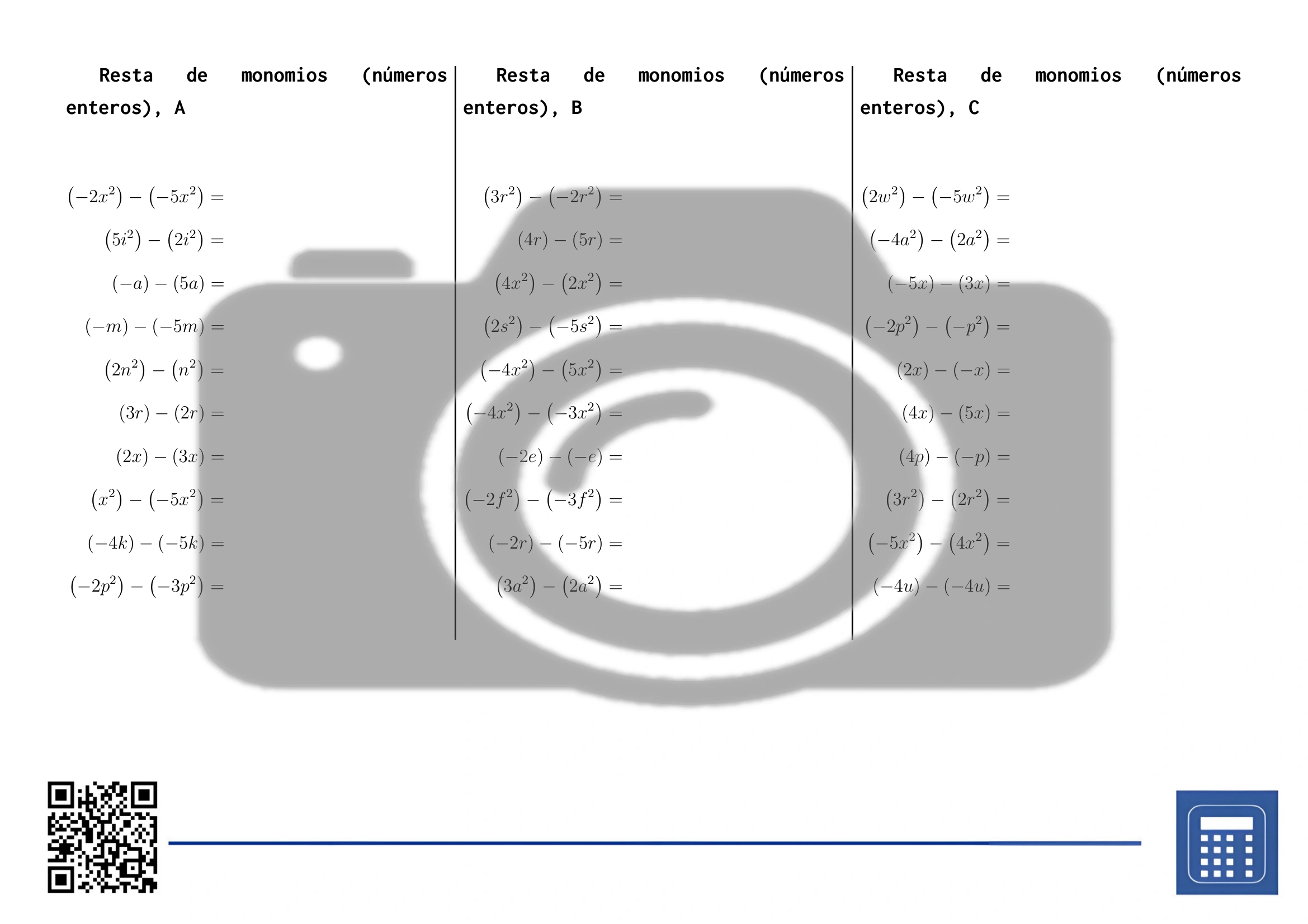 Hoja de trabajo: Resta de monomios (números enteros) - Imagen 2