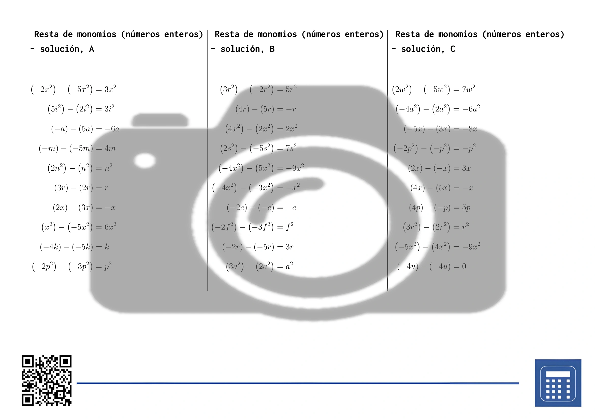Hoja de trabajo: Resta de monomios (números enteros) - Imagen 4