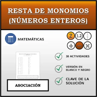 Ejercicio de asociación: Resta de monomios (números enteros)