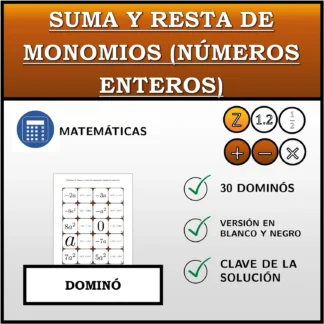 Dominó: Suma y resta de monomios (números enteros)