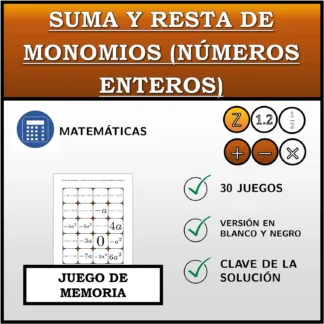 Juego de memoria: Suma y resta de monomios (números enteros)