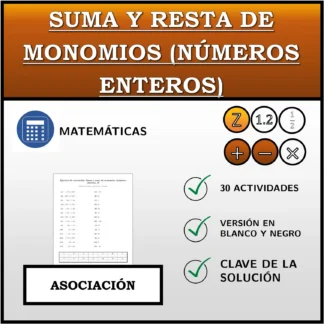 Ejercicio de asociación: Suma y resta de monomios (números enteros)