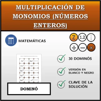 Dominó: Multiplicación de monomios (números enteros)
