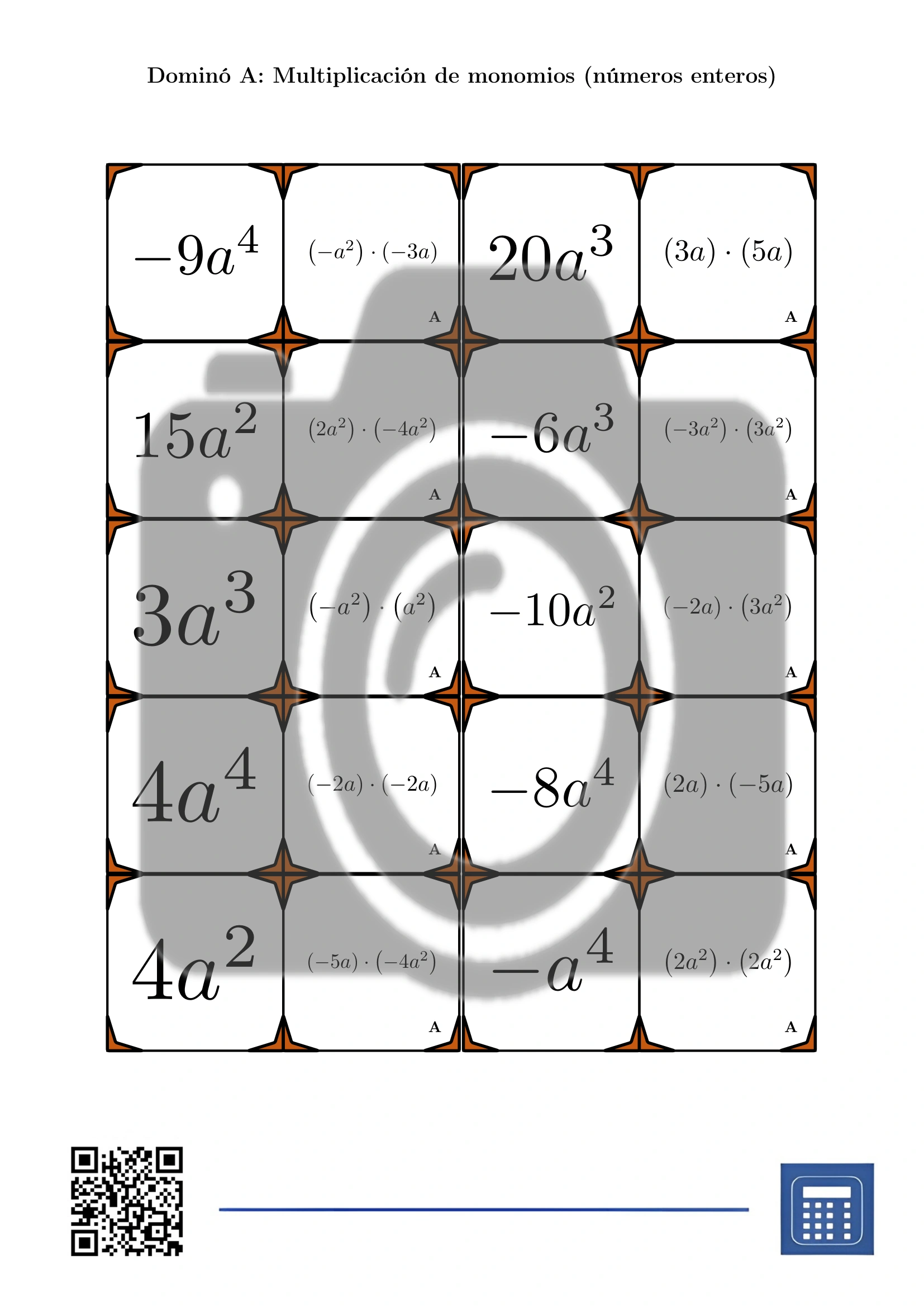 Dominó: Multiplicación de monomios (números enteros) - Imagen 2