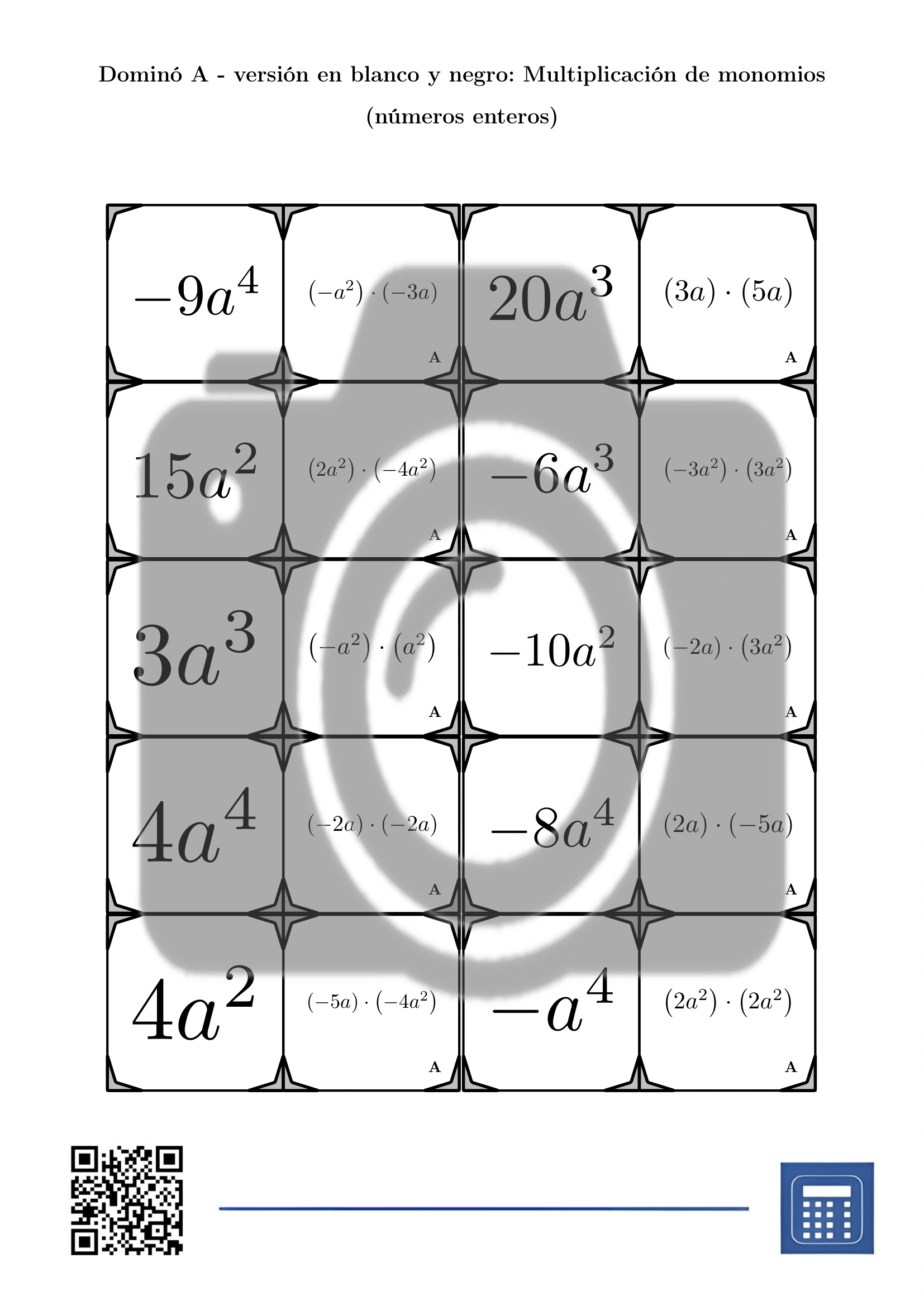 Dominó: Multiplicación de monomios (números enteros) - Imagen 3