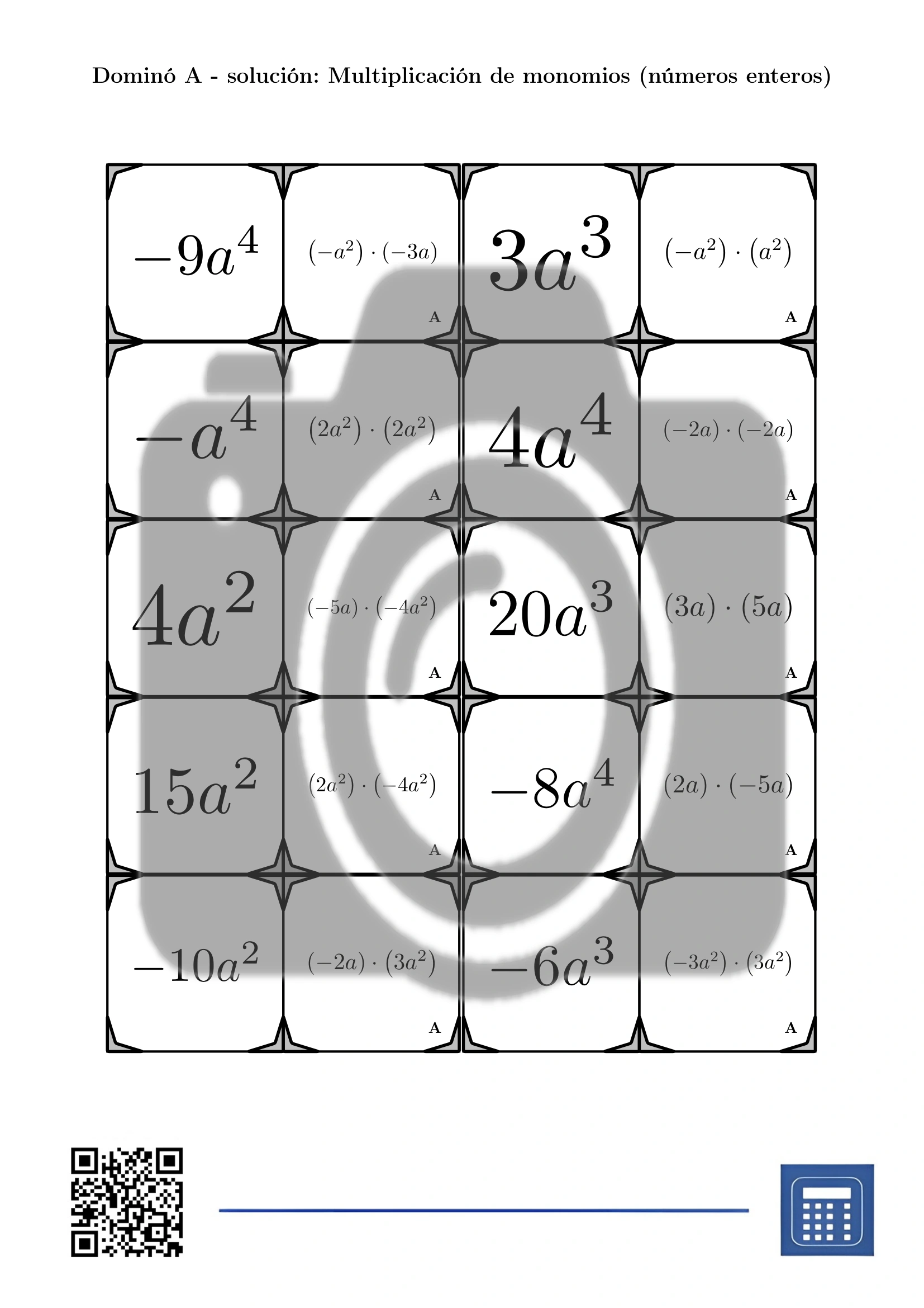 Dominó: Multiplicación de monomios (números enteros) - Imagen 4