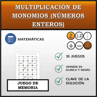 Juego de memoria: Multiplicación de monomios (números enteros)