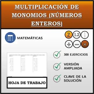 Hoja de trabajo: Multiplicación de monomios (números enteros)