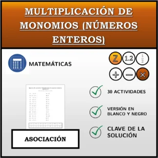 Ejercicio de asociación: Multiplicación de monomios (números enteros)