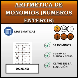 Dominó: Aritmética de monomios (números enteros)