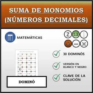 Dominó: Suma de monomios (números decimales)
