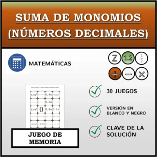Juego de memoria: Suma de monomios (números decimales)