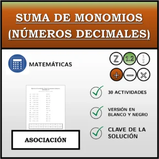 Ejercicio de asociación: Suma de monomios (números decimales)