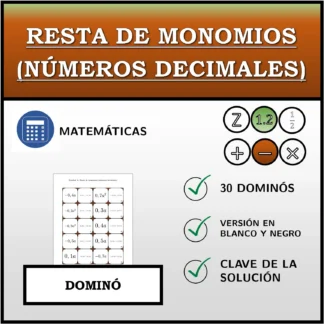 Dominó: Resta de monomios (números decimales)