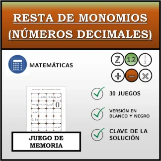 Juego de memoria: Resta de monomios (números decimales)