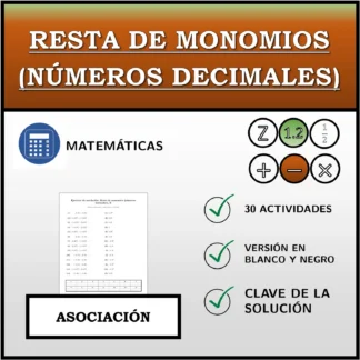 Ejercicio de asociación: Resta de monomios (números decimales)