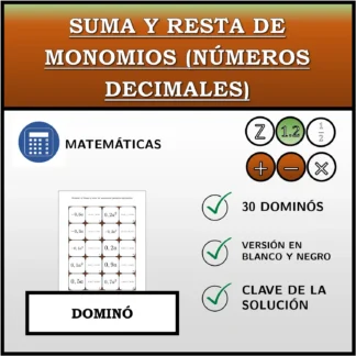 Dominó: Suma y resta de monomios (números decimales)