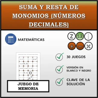 Juego de memoria: Suma y resta de monomios (números decimales)