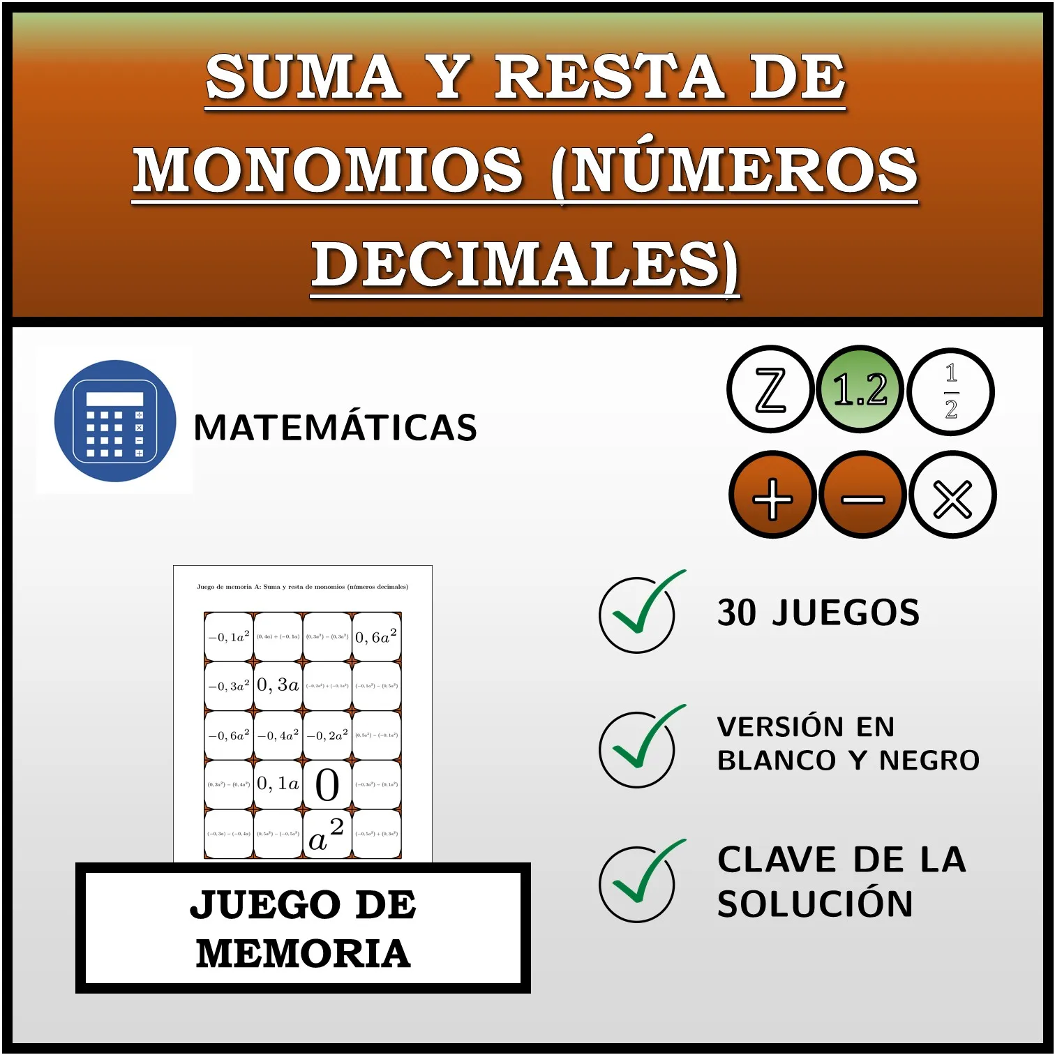 Juego de memoria: Suma y resta de monomios (números decimales)