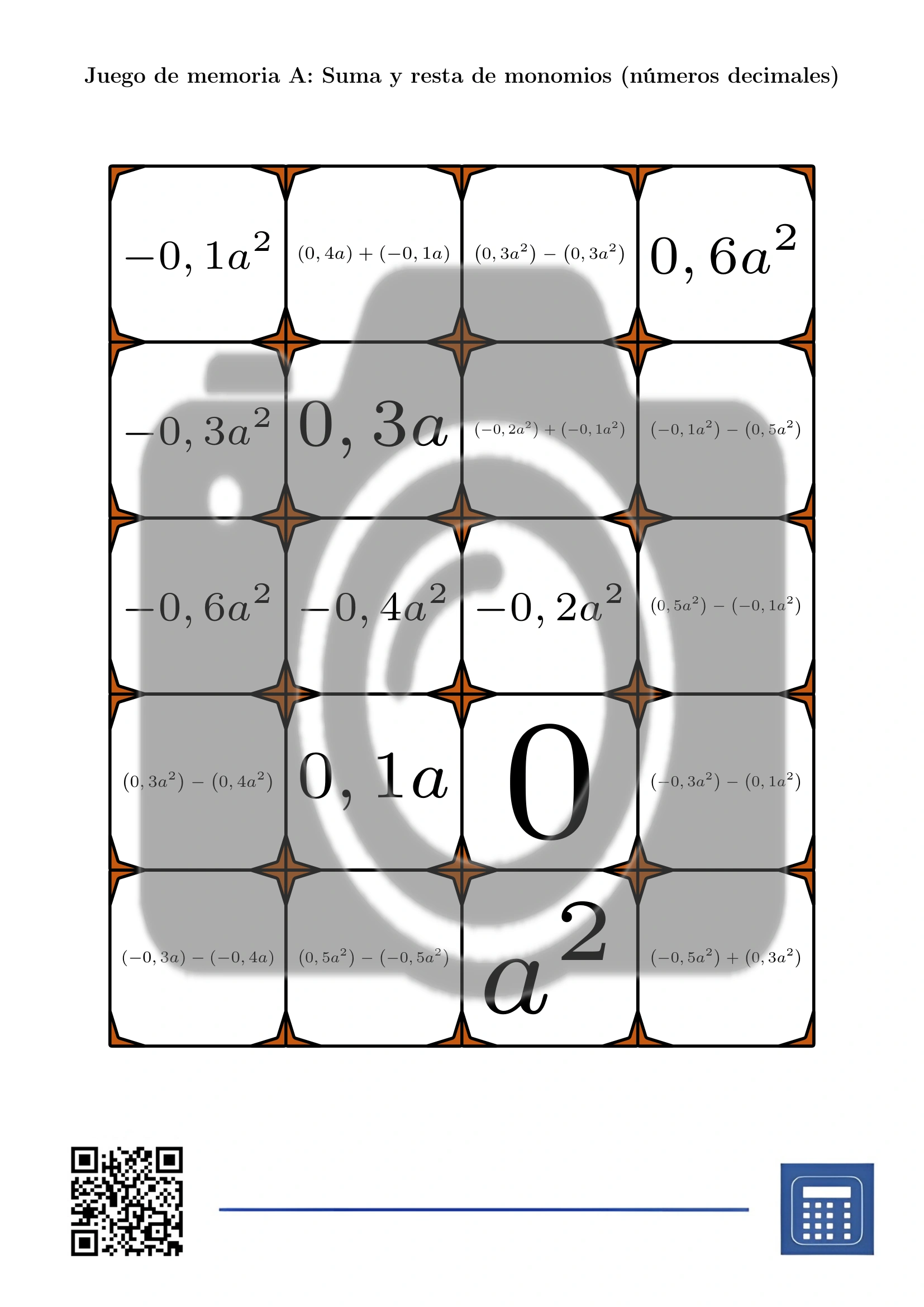Juego de memoria: Suma y resta de monomios (números decimales) - Imagen 2