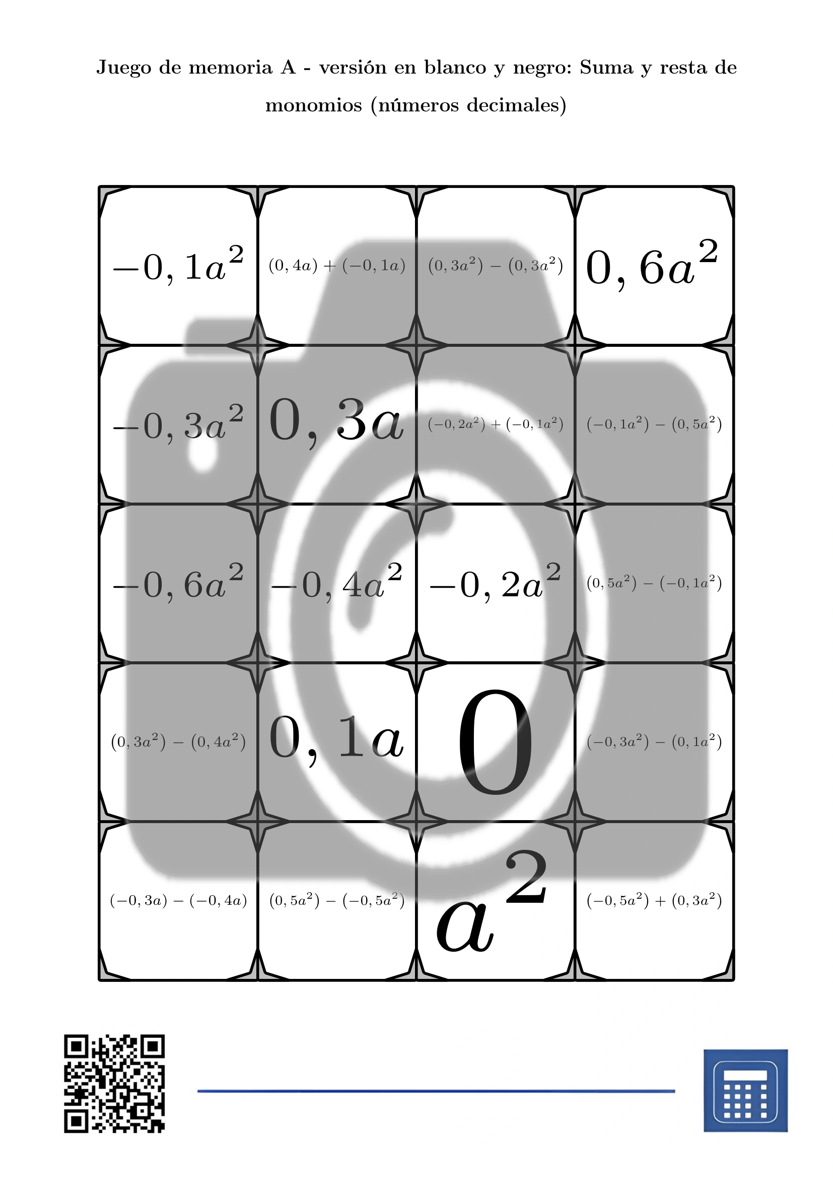 Juego de memoria: Suma y resta de monomios (números decimales) - Imagen 3