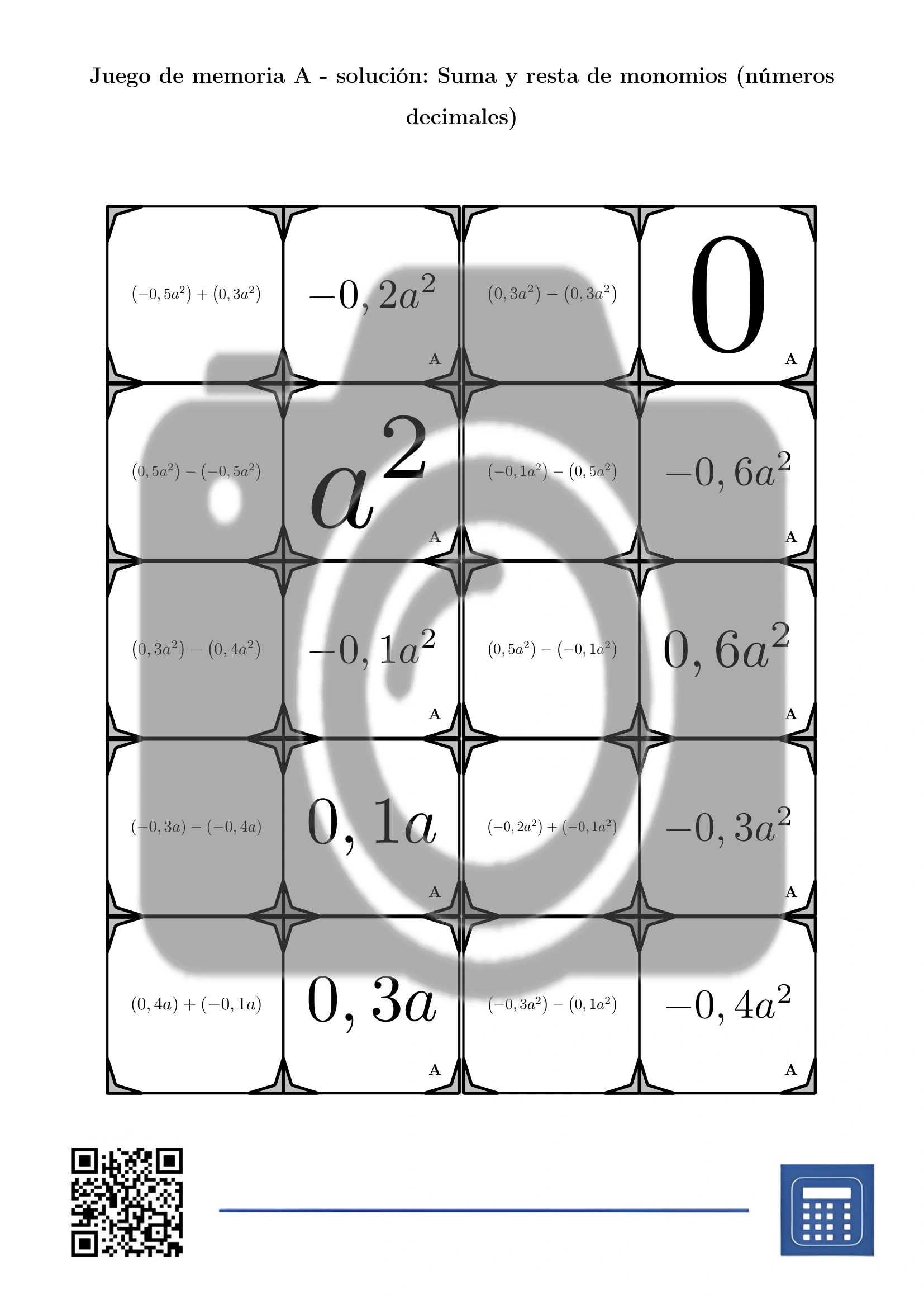 Juego de memoria: Suma y resta de monomios (números decimales) - Imagen 4