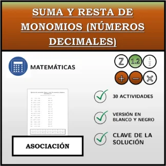 Ejercicio de asociación: Suma y resta de monomios (números decimales)