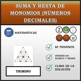 Trimino: Suma y resta de monomios (números decimales)
