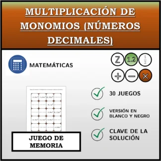 Juego de memoria: Multiplicación de monomios (números decimales)