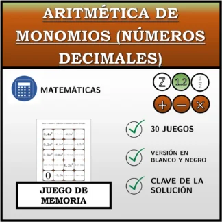 Juego de memoria: Aritmética de monomios (números decimales)